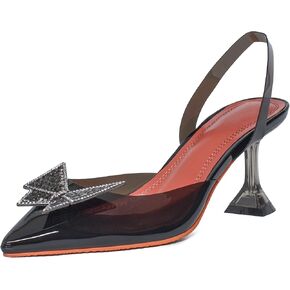 Womens Clear Slingback Pointed Toe Heeled Sandals Sparkling Crystal Butterfly Buckle Stiletto Heels Stylish Dress Shoes