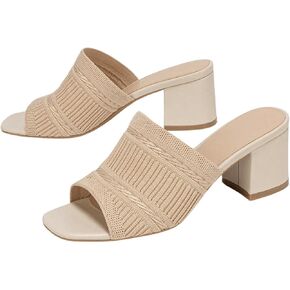 OYOANGLE Women's Knit Mule Sandals Peep Toe Chunky Heels Slip on Breathable Slides Sandals