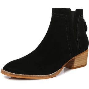 MM Women's Leather Ankle Boots, Classic Round Toe Chunky Low Wooden Heel Back Zipper Casual Chelsea Western Booties for Ladies Fall,Black Khaki