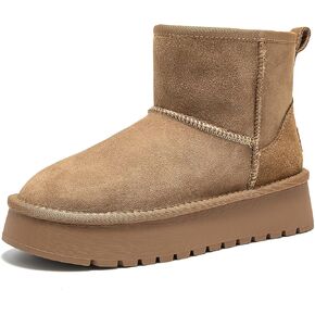 BEAU TODAY Winter Snow Boots for Women, Platform Mini Boots Women, Genuine Suede Warm Fur Lining Ankle Boots, Comfortable Slip-On Anti-Slip Outdoor Short Booties