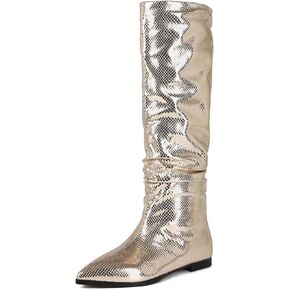 Silver Flat Boots Flat Slouchy Boots for Women Pointed Toe Knee High Boots Slouchy Metallic Knee High Boots