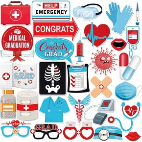 Doctor Nurse Graduation Photo Booth Props, Congrats Doctor Grad Photoshoot Medical Graduation Party Photography Props Favor Centerpiece Sticks Decorations 30 PCS