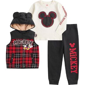 Disney Mickey Mouse Boys Sherpa Lined Hooded Vest, Fleece Pants, and Waffle Knit Crewneck Top 3 Piece Set for Toddlers