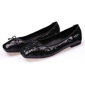 JiangWei Shu Women's Bow Knot Ballet Flats Sequins Sparkle Slip On Dress Elegant Lady Wedding Shoes, Black US 8.5