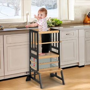 COSYLAND Toddler Standing Tower - Adjustable Height Toddler Kitchen Stool Helper - Kids Kitchen Step Stool for Learning with Removable Safety Railing Natural