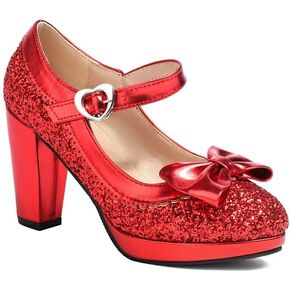 Elyffany Woman Fashion High Heeled Mary Jane Shoes Sparkly Sequins Glitter Bow Pumps