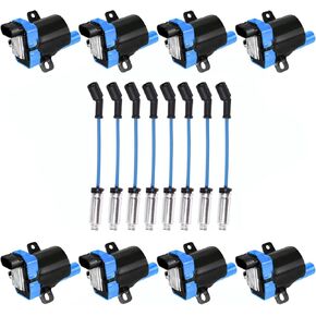 ENA 8 Pack D585 Red Ignition Coils and 748UU Spark Plug Wires Compatible with Chevy Silverado GMC Cadillac Chevrolet LS1 LS3 4.8L 5.3L 5.7L 6.0L V6 V8 C1251 UF262 12622553 12656210, Round