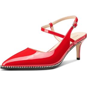 HDEUOLM Womens Mid Kitten Heel Pointed Toe Beaded Pumps Slingback Ankle Strap Buckle Prom Cute Patent Leather 2.6 Inches Heels