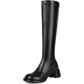Black Knee-high Boots for Women Round Toe Tall Boots Chunky Heel Long Boots Full Side Zippe Fashion Boots Women’s Gogo Boots
