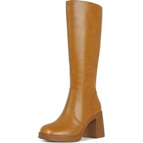 SOVANYOU Black Leather Boots Platform Boots for Women Square Toe Chunky Block Heeled Boots Side Zip