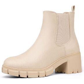 IDIFU IN2 Chelsea Boots Women Ankle Boots for Women Platform Low Chunky Block Heel Lug Sole Round Toe Fall Dress Boots for Women Comfortable Fashion Booties Cute Office Elastic Short Heeled Boots