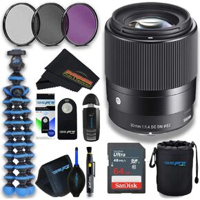 Sigma 30mm F1.4 Contemporary DC DN Lens for Sony E + Sunshine Professional Bundle