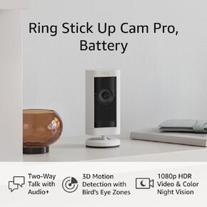 Certified Refurbished Ring Stick Up Cam Pro Battery | Two-Way Talk with Audio+, 3D Motion Detection with Bird’s Eye Zones, and 1080p HDR Video & Color Night Vision (2023 release), White