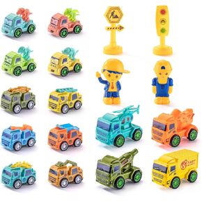 SeventhDuckPull Back Racing Toy Vehicles Set - 26Pcs Pull Back Cars Mini City Cars with Roadblocks and Characters - Party Favors, Birthday Gifts, Christmas for Boys Girls Children