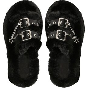 Verdusa Women's Open Toe Fuzzy Slippers Indoor Shoes Slip On Slippers with Buckle