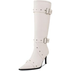 Stiletto Knee High Boots Pointed Toe Bucke Rivet Boot for Women