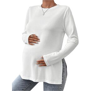 MakeMeChic Women's Maternity Tee Shirt Long Sleeve Slit Hem Round Neck Casual Pregnancy Tops