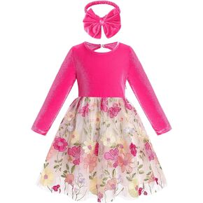 IDOPIP Toddler Baby Girls Embroidery Velvet Tutu Dress with Headband Outfit Long Sleeve Fall Princess Birthday Party Dresses
