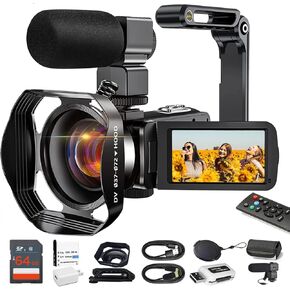 4K Video Camera Camcorder 48MP Auto Focus Vlogging Camera 18X Zoom Digital Video Camera with WiFi, Webcam, Mic, Stabilizer, 64GB SD Card, Card Reader, Remote Control (Elite Kit)