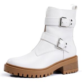 IDIFU Women's Ankle Boots Combat Motorcycle Biker Boots for Women Comfortable Moto Two Buckles Lug Sole Chunky Low Heel Short Boots Fall Fashion Cute Trendy Dressy Side Zipper Boots Booties for Women