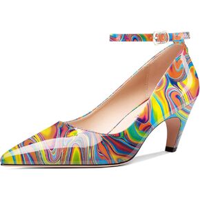 HDEUOLM Womens Mid Kitten Heel Pointed Toe Pumps Ankle Strap Buckle Prom Basic Classic Patent Leather 2.6 Inches Heels