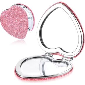 Compact Folding Mirror Heart Shaped Double-Sided 1X/2X Magnifying Mirror Cute Mini Glitter Makeup Mirror with PU Leather Ultra-Portable Cosmetic Mirror for Women Home Offic and Travel