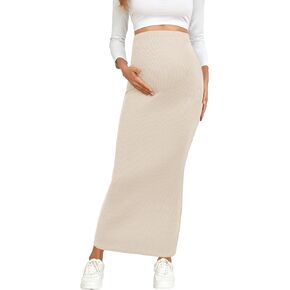 2024 Maternity Adjustable Waist Rib Knit Maxi Skirt Over The Belly Stretchy Pregnancy Long Pencil Skirts, Apricot, S