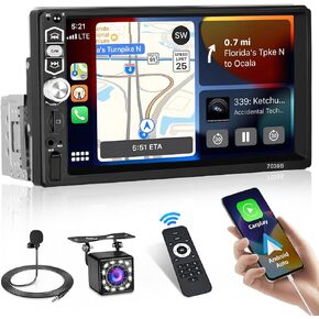 (Upgraded) Hikity Single Din Car Stereo Wireless Carplay Android Auto, 7 Inch Touch Screen Car Radio with Bluetooth 5.1, Mirror Link, FM SWC USB EQ and Backup Camera Mic