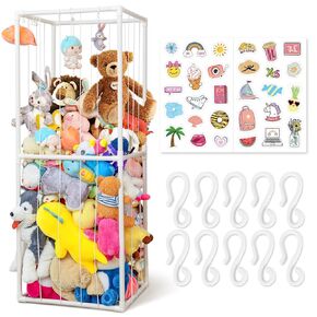 63'' Large Stuffed Animal Storage Organizer, Sturdy 1.8mm PVC Toy Holder with Elastic Bands, 10 Hooks & Sticker for Nursery and Playroom