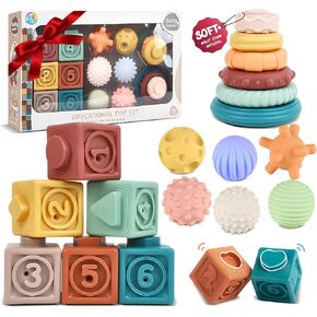 Montessori Toys for Babies, 3 in 1 Baby Toys 6 to 12 Months - Stacking Blocks & Sensory Balls & Soft Teething Rings, Newborn Learning Toys Activity Gifts for Toddlers 3-6-9-12 Months, 18PCS