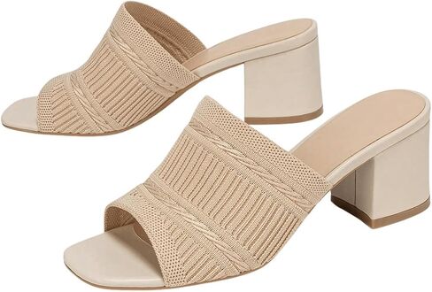 OYOANGLE Women's Knit Mule Sandals Peep Toe Chunky Heels Slip on Breathable Slides Sandals in Saudi Arabia