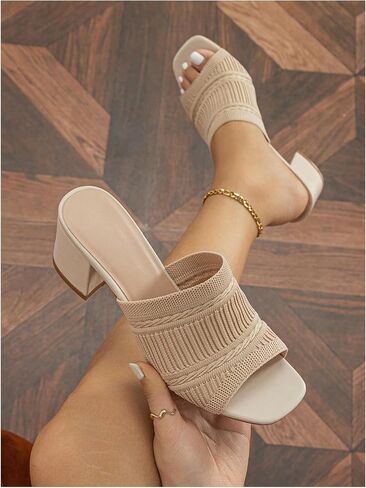 OYOANGLE Women's Knit Mule Sandals Peep Toe Chunky Heels Slip on Breathable Slides Sandals in Saudi Arabia