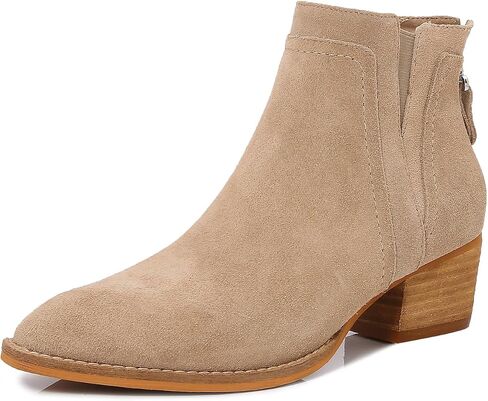 MM Women's Leather Ankle Boots, Classic Round Toe Chunky Low Wooden Heel Back Zipper Casual Chelsea Western Booties for Ladies Fall,Black Khaki in Saudi Arabia