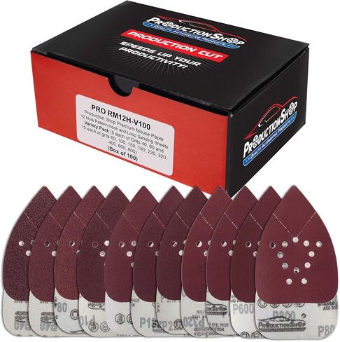 Premium 12-Hole Pattern Mouse Detail Sander Sandpaper Sheets, 50 Disc Variety Pack, Grits 40, 80, 100, 120, 180, 220, 320, 400, 600, 800 - Hook & Loop Disc - Fits Black and Decker in Kuwait
