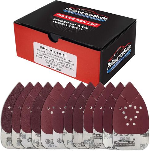 Premium 12-Hole Pattern Mouse Detail Sander Sandpaper Sheets, 50 Disc Variety Pack, Grits 40, 80, 100, 120, 180, 220, 320, 400, 600, 800 - Hook & Loop Disc - Fits Black and Decker in Kuwait