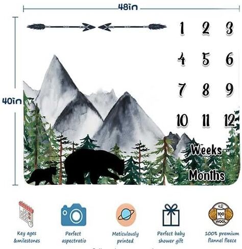 بطانية بلاك بير بيبي الشهرية مايلستون للجنسين، بطانية سهام غابة الجبال للشهر والعمر، 48 × 40 بوصة من الفانيلا الناعمة، هدية بيضاء شهرية لحديثي الولادة، بطانية صور للأطفال BTLSFH79 in Kuwait