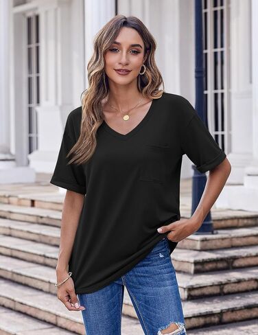 تي شيرت نسائي كبير الحجم من HOTOUCH برقبة على شكل V وأكمام قصيرة تي شيرت صيفي فضفاض غير رسمي مع جيب in Saudi Arabia