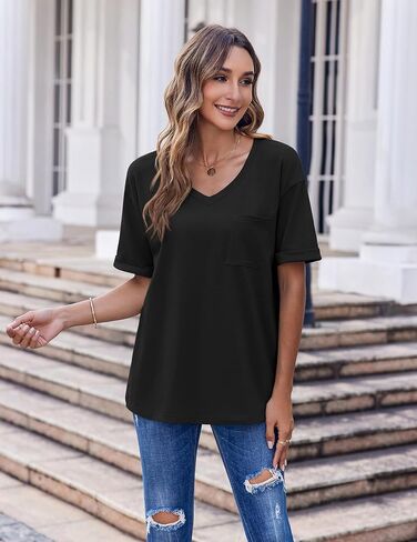 تي شيرت نسائي كبير الحجم من HOTOUCH برقبة على شكل V وأكمام قصيرة تي شيرت صيفي فضفاض غير رسمي مع جيب in Saudi Arabia