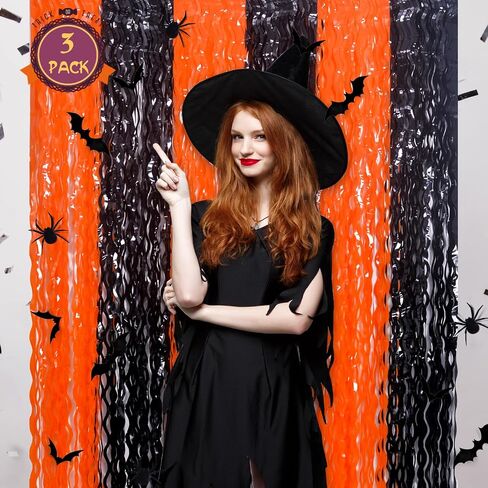 Mega-L Halloween Foil Fringe Curtains, 3 Pack Orange Purple Black Photo Booth Props, 18 Pcs PVC Bat & Spider Stickers Wall Decals, Halloween Photo Backdrop Wall Decor for Halloween Party Decorations in Kuwait