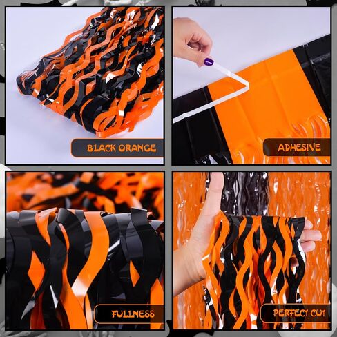 Mega-L Halloween Foil Fringe Curtains, 3 Pack Orange Purple Black Photo Booth Props, 18 Pcs PVC Bat & Spider Stickers Wall Decals, Halloween Photo Backdrop Wall Decor for Halloween Party Decorations in Kuwait