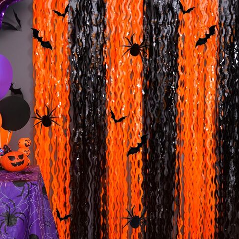 Mega-L Halloween Foil Fringe Curtains, 3 Pack Orange Purple Black Photo Booth Props, 18 Pcs PVC Bat & Spider Stickers Wall Decals, Halloween Photo Backdrop Wall Decor for Halloween Party Decorations in Kuwait