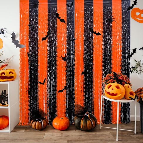 Mega-L Halloween Foil Fringe Curtains, 3 Pack Orange Purple Black Photo Booth Props, 18 Pcs PVC Bat & Spider Stickers Wall Decals, Halloween Photo Backdrop Wall Decor for Halloween Party Decorations in Kuwait