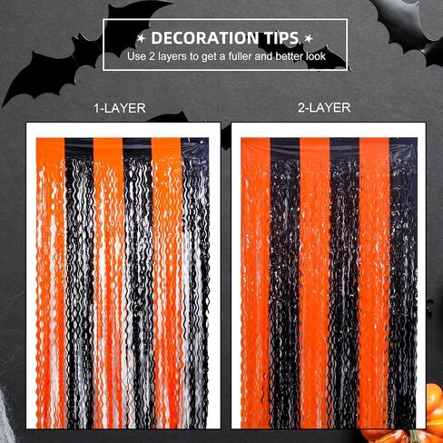 Mega-L Halloween Foil Fringe Curtains, 3 Pack Orange Purple Black Photo Booth Props, 18 Pcs PVC Bat & Spider Stickers Wall Decals, Halloween Photo Backdrop Wall Decor for Halloween Party Decorations in Kuwait