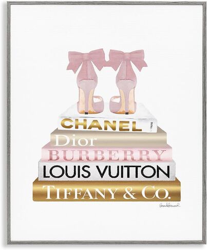 Stupell Industries Pink Gold Heels Bookstack Glam Fashion Design, Designed by Amanda Greenwood Wall Art, 24 x 30, Grey Framed in Saudi Arabia