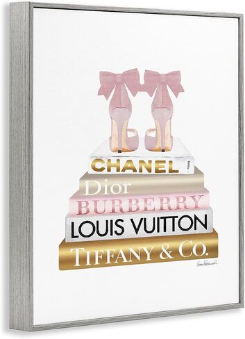 Stupell Industries Pink Gold Heels Bookstack Glam Fashion Design, Designed by Amanda Greenwood Wall Art, 24 x 30, Grey Framed in Saudi Arabia