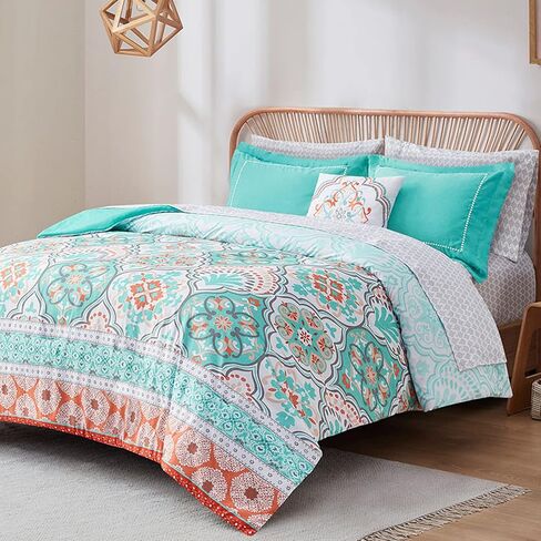 Degrees of Comfort Boho Bed in a Bag Queen Size, Lattice 8 Piece Complete Comforter Set with Sheet for Teenage Girl, Microfiber Teal Bedding Set with Side Pockets, Matching Decorative Pillow, Aqua in Saudi Arabia