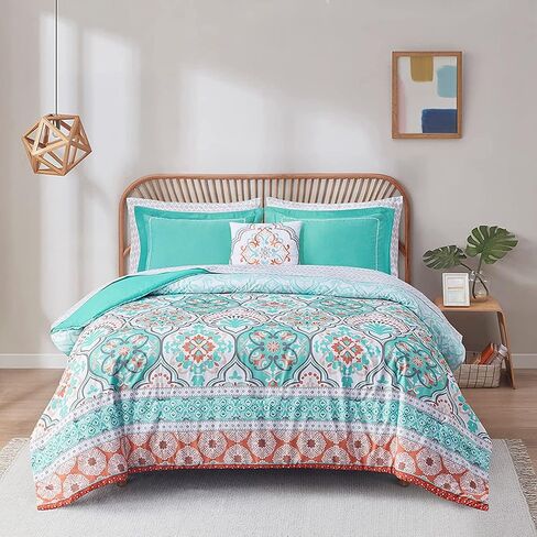 Degrees of Comfort Boho Bed in a Bag Queen Size, Lattice 8 Piece Complete Comforter Set with Sheet for Teenage Girl, Microfiber Teal Bedding Set with Side Pockets, Matching Decorative Pillow, Aqua in Saudi Arabia