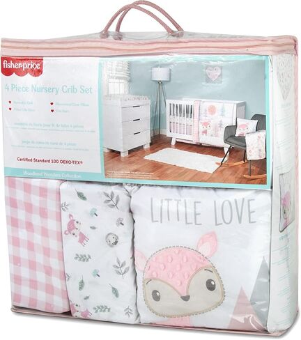 Fisher-Price Baby Girl Nursery Bedding 4 Piece Crib Bedding Set for Girls, Woodland Theme Nursery Bedding Woodland Wonders Collection in Saudi Arabia