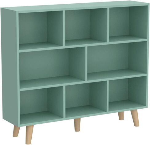 IOTXY Wooden Open Shelf Bookcase - 3-Tier Floor Standing Display Cabinet Rack with Legs, 8 Cubes Bookshelf, Tiffany-Green in Kuwait