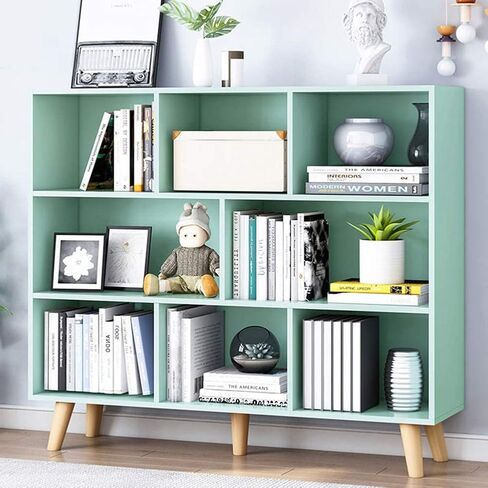 IOTXY Wooden Open Shelf Bookcase - 3-Tier Floor Standing Display Cabinet Rack with Legs, 8 Cubes Bookshelf, Tiffany-Green in Kuwait